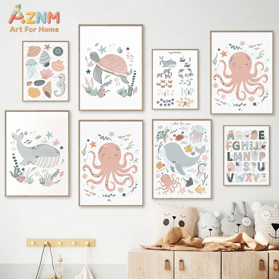 Kids Education Alphabet Numbers - AZNM Kreş Deniz Hayvanı Tuval Duvar